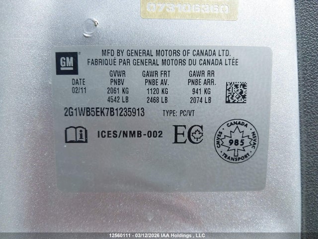 Aukcja sprzedaży 2011 Chevrolet Impala Lt, vin: 2G1WB5EK7B1235913, numer aukcji: 12560111