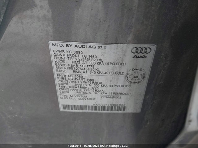 12559015 :رقم المزاد ، WA1DGCFE1CD001506 vin ، 2012 Audi Q7 3.0 Premium Plus/3.0 Sport مزاد بيع