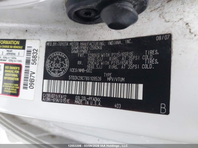 Aukcja sprzedaży 2008 Toyota Sienna Ce, vin: 5TDZK29C78S109526, numer aukcji: 12553206