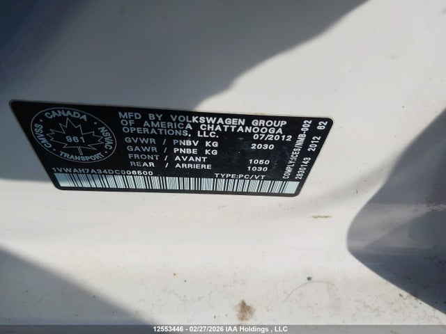 Продажа на аукционе авто 2013 Volkswagen Passat 2.5l Trendline, vin: 1VWAH7A34DC006500, номер лота: 12553446