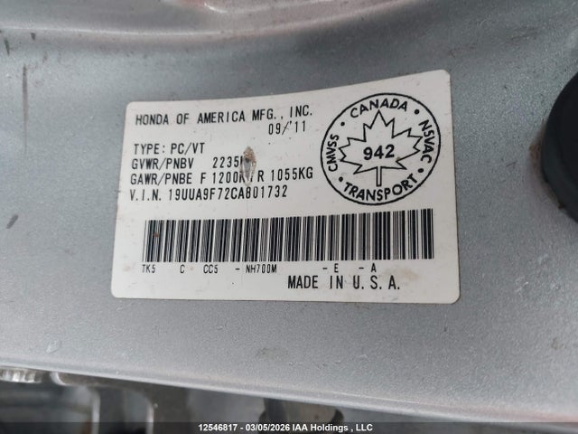 Aukcja sprzedaży 2012 Acura Tl Elite, vin: 19UUA9F72CA801732, numer aukcji: 12546817