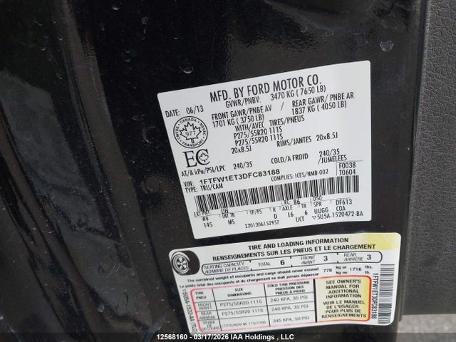 12568160 :رقم المزاد ، 1FTFW1ET3DFC83188 vin ، 2013 Ford F-150 Xlt مزاد بيع