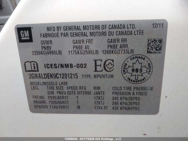 Продаж на аукціоні авто 2012 Chevrolet Equinox 1lt, vin: 2GNALDEK9C1201215, номер лоту: 12568044