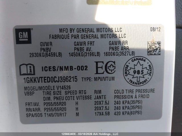 Продажа на аукционе авто 2012 Gmc Acadia, vin: 1GKKVTED0CJ396215, номер лота: 12566340