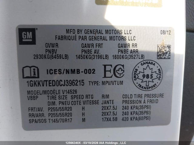 Продажа на аукционе авто 2012 Gmc Acadia, vin: 1GKKVTED0CJ396215, номер лота: 12566340