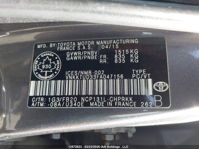 12572622 :رقم المزاد ، VNKKTUD33FA047156 vin ، 2015 Toyota Yaris Le مزاد بيع
