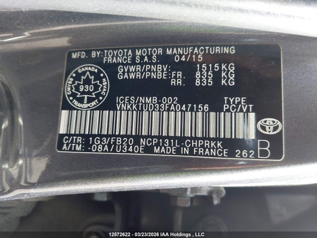 12572622 :رقم المزاد ، VNKKTUD33FA047156 vin ، 2015 Toyota Yaris Le مزاد بيع