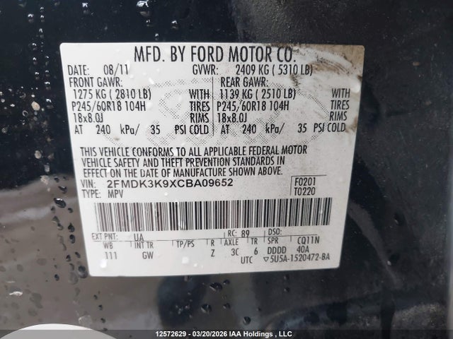 Aukcja sprzedaży 2012 Ford Edge Limited, vin: 2FMDK3K9XCBA09652, numer aukcji: 12572629