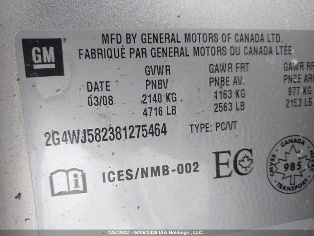 2008 Buick Allure Cxl მანქანა იყიდება აუქციონზე, vin: 2G4WJ582381275464, აუქციონის ნომერი: 12572632