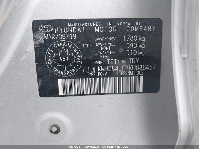 KMHD84LF3KU886467 Hyundai Elantra