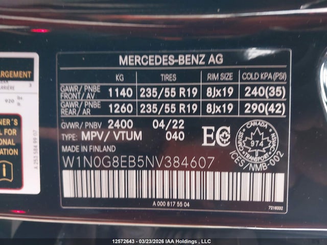 W1N0G8EB5NV384607 Mercedes-Benz Glc 300 4matic