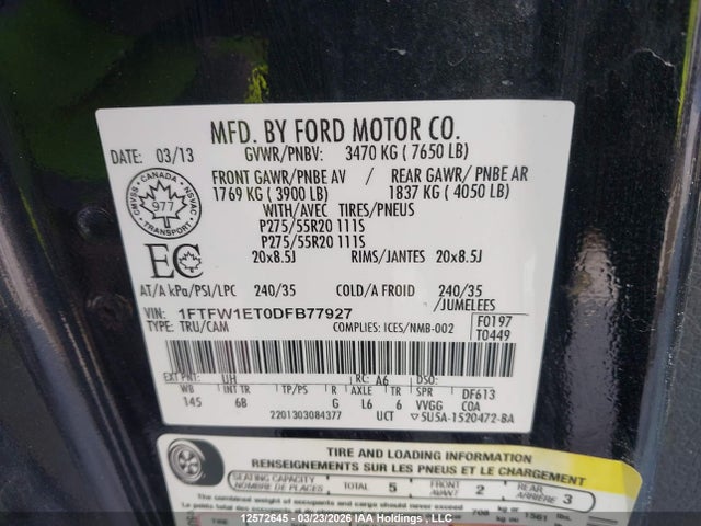 2013 Ford F-150 Fx4 მანქანა იყიდება აუქციონზე, vin: 1FTFW1ET0DFB77927, აუქციონის ნომერი: 12572645