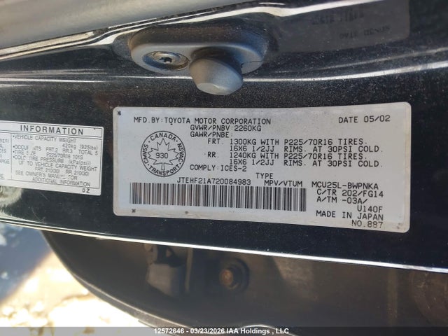 Aukcja sprzedaży 2002 Toyota Highlander, vin: JTEHF21A720084983, numer aukcji: 12572646