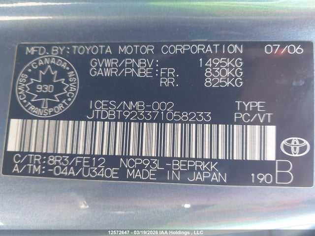 Aukcja sprzedaży 2007 Toyota Yaris, vin: JTDBT923371058233, numer aukcji: 12572647