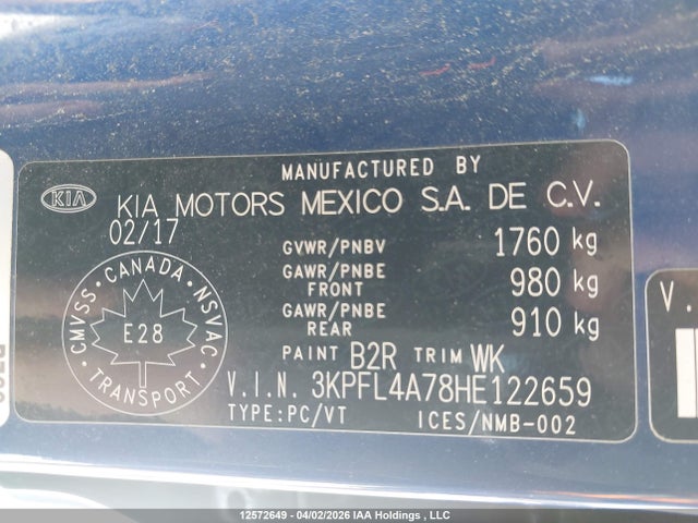 12572649 :رقم المزاد ، 3KPFL4A78HE122659 vin ، 2017 Kia Forte Ex/ex Luxury/ex+/lx/lx+ مزاد بيع