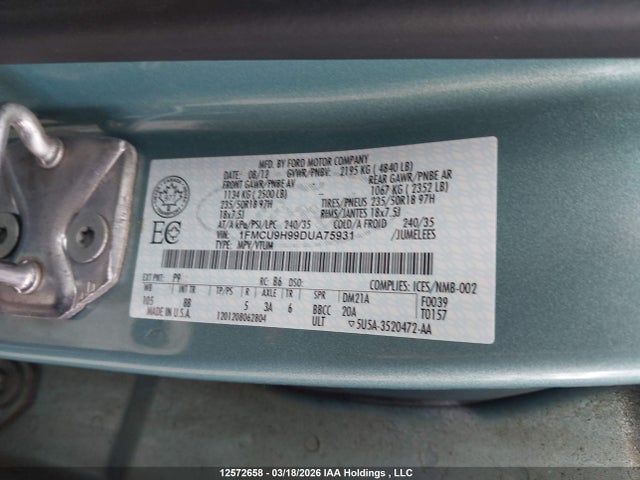 12572658 :رقم المزاد ، 1FMCU9H99DUA75931 vin ، 2013 Ford Escape Sel مزاد بيع