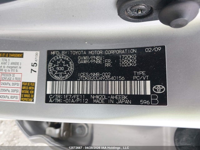 Aukcja sprzedaży 2009 Toyota Prius, vin: JTDKB20U493540156, numer aukcji: 12572667