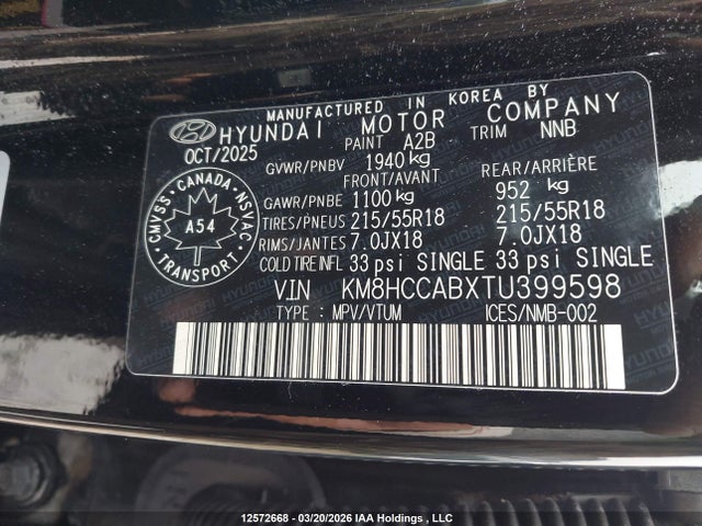 12572668 :رقم المزاد ، KM8HCCABXTU399598 vin ، 2026 Hyundai Kona Preferred-trend مزاد بيع