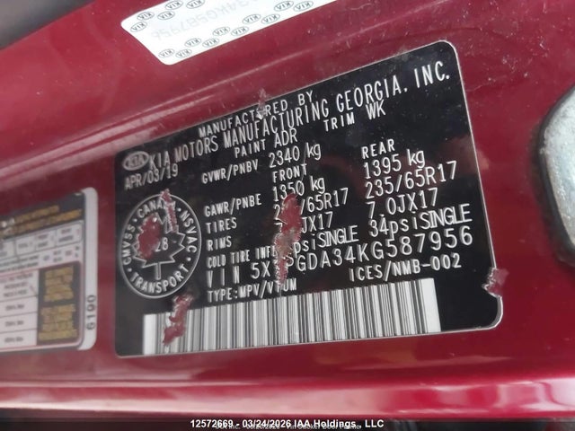 5XYPGDA34KG587956 KIA Sorento 2.4l Lx