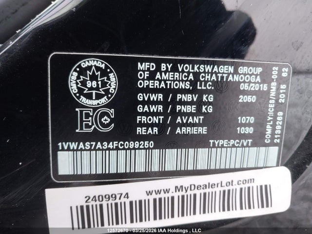 12572670 :رقم المزاد ، 1VWAS7A34FC099250 vin ، 2015 Volkswagen Passat S مزاد بيع