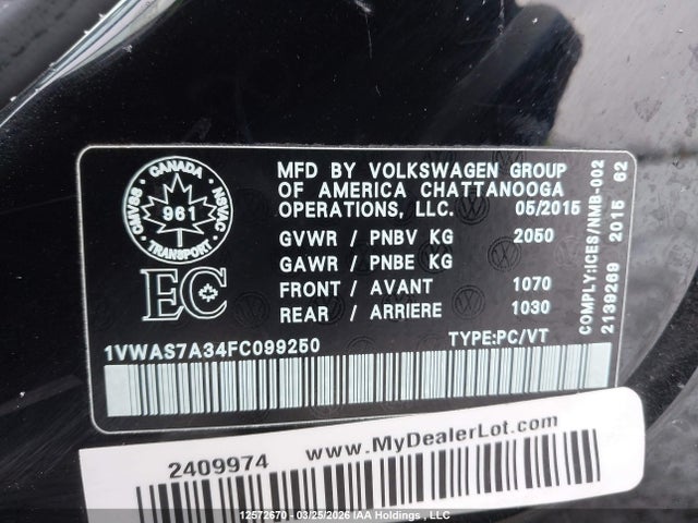 12572670 :رقم المزاد ، 1VWAS7A34FC099250 vin ، 2015 Volkswagen Passat S مزاد بيع
