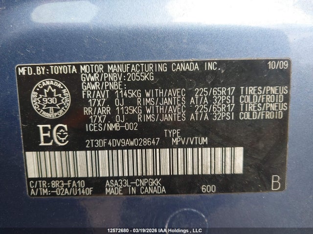 2010 Toyota Rav4 Limited მანქანა იყიდება აუქციონზე, vin: 2T3DF4DV9AW028647, აუქციონის ნომერი: 12572680