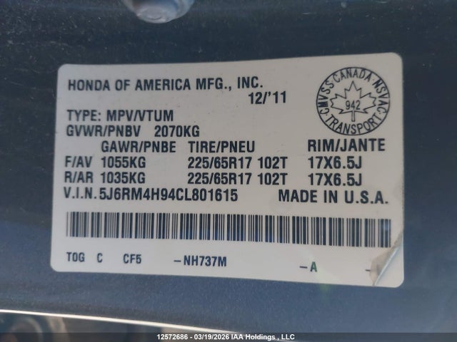 Aukcja sprzedaży 2012 Honda Cr-v Touring, vin: 5J6RM4H94CL801615, numer aukcji: 12572686