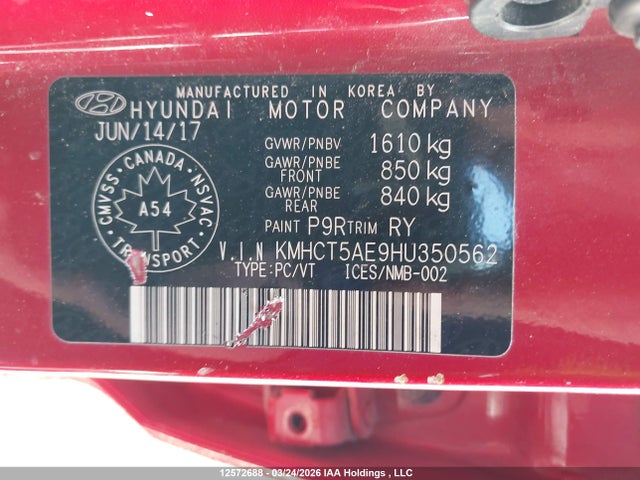 KMHCT5AE9HU350562 Hyundai ACCENT SE