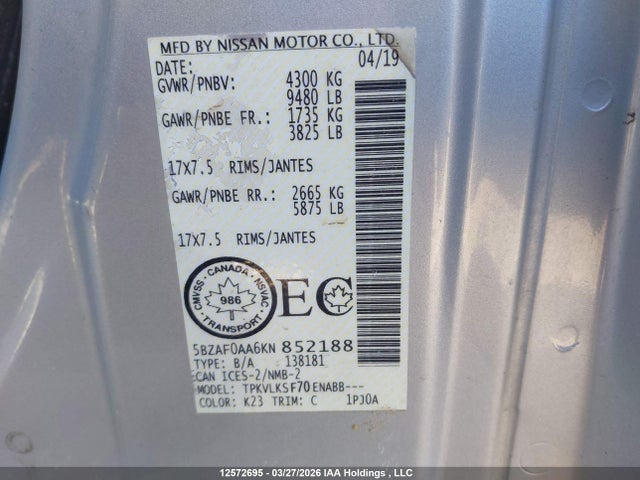 2019 Nissan Nv Passenger Nv3500 Hd Sl V8/sv V8 მანქანა იყიდება აუქციონზე, vin: 5BZAF0AA6KN852188, აუქციონის ნომერი: 12572695