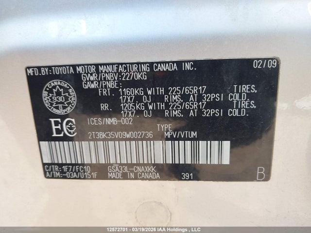 2009 Toyota Rav4 Base V6 მანქანა იყიდება აუქციონზე, vin: 2T3BK35V09W002736, აუქციონის ნომერი: 12572701