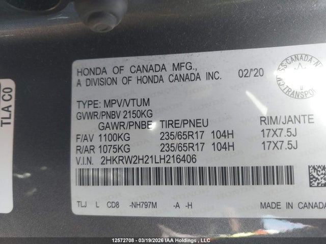 2HKRW2H21LH216406 Honda CR-V LX