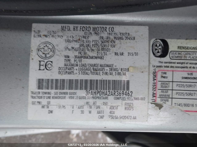 Aukcja sprzedaży 2010 Ford Fusion, vin: 3FAHP0HA2AR369462, numer aukcji: 12572713