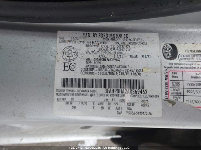 Aukcja sprzedaży 2010 Ford Fusion, vin: 3FAHP0HA2AR369462, numer aukcji: 12572713