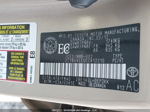Aukcja sprzedaży 2012 Toyota Corolla, vin: 2T1BU4EE0CC812210, numer aukcji: 12572717