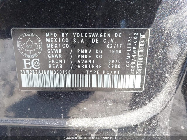 12545830 :رقم المزاد ، 3VW2B7AJ6HM330198 vin ، 2017 Volkswagen Jetta 1.4 Tsi Trendline+ مزاد بيع