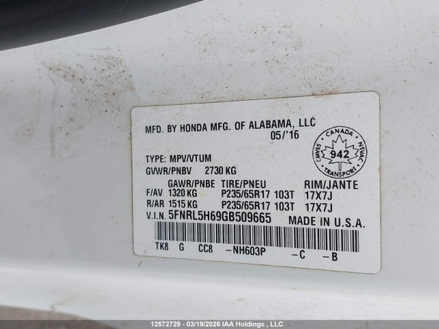 5FNRL5H69GB509665 Honda Odyssey Ex-l