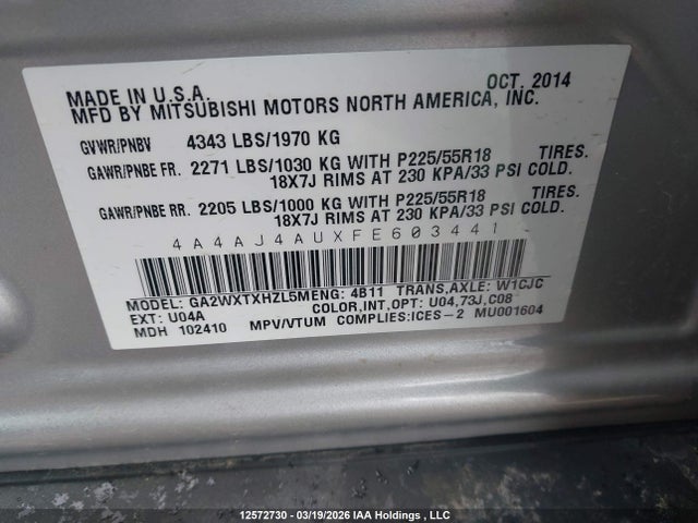 Aukcja sprzedaży 2015 Mitsubishi Rvr Gt, vin: 4A4AJ4AUXFE603441, numer aukcji: 12572730