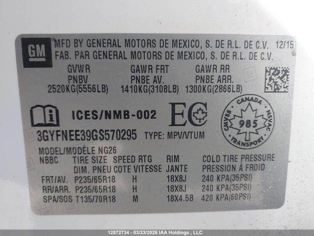 3GYFNEE39GS570295 Cadillac Srx Luxury Collection