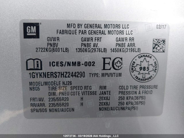 1GYKNERS7HZ244290 Cadillac Xt5 Premium Luxury