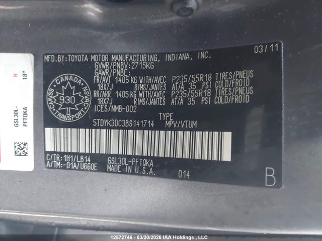 12572746 :رقم المزاد ، 5TDYK3DC3BS141714 vin ، 2011 Toyota Sienna Xle/limited مزاد بيع