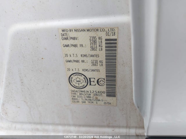 5N1AZ2MH6JN125400 Nissan Murano S/sl/sv/platinum