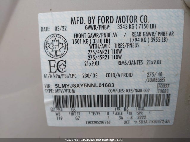 5LMYJ8XY5NNL01683 Lincoln Aviator Grand Touring