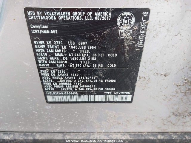 12572752 :رقم المزاد ، 1V2LR2CA9JC506430 vin ، 2018 Volkswagen Atlas Se مزاد بيع
