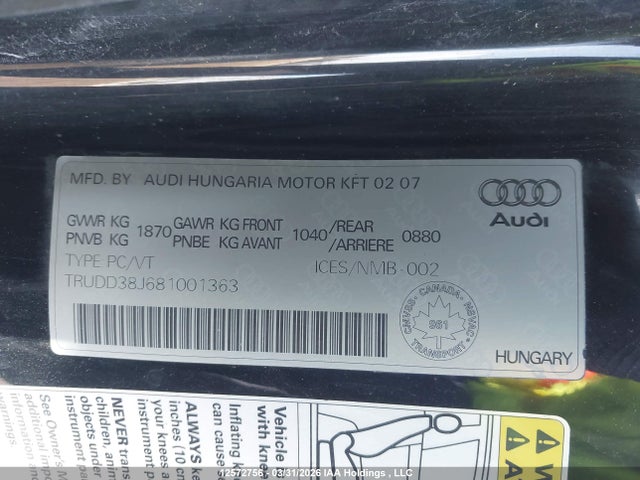 Продаж на аукціоні авто 2008 Audi Tt 3.2 Quaro, vin: TRUDD38J681001363, номер лоту: 12572756