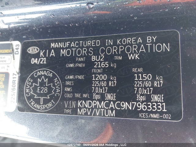 KNDPMCAC9N7963331 KIA Sportage Lx/lx Nightsky Edition
