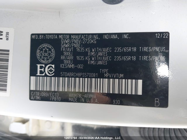 12572764 :رقم المزاد ، 5TDABRCH8PS570081 vin ، 2023 Toyota Highlander Hybrid Xle مزاد بيع
