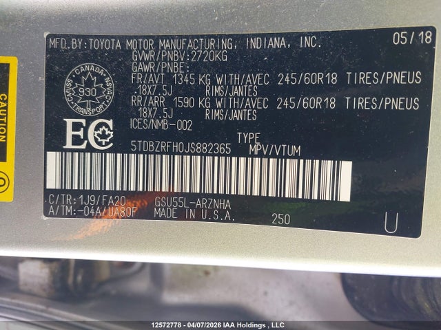 2018 Toyota Highlander მანქანა იყიდება აუქციონზე, vin: 5TDBZRFH0JS882365, აუქციონის ნომერი: 12572778