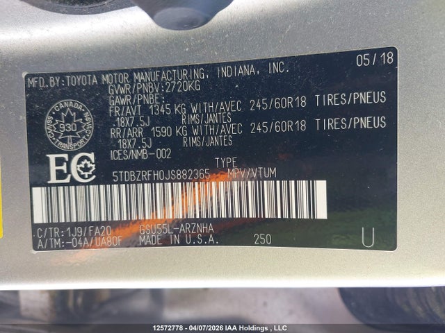 2018 Toyota Highlander მანქანა იყიდება აუქციონზე, vin: 5TDBZRFH0JS882365, აუქციონის ნომერი: 12572778