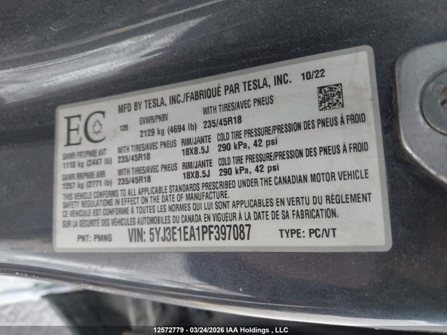 2023 Tesla Model 3 მანქანა იყიდება აუქციონზე, vin: 5YJ3E1EA1PF397087, აუქციონის ნომერი: 12572779
