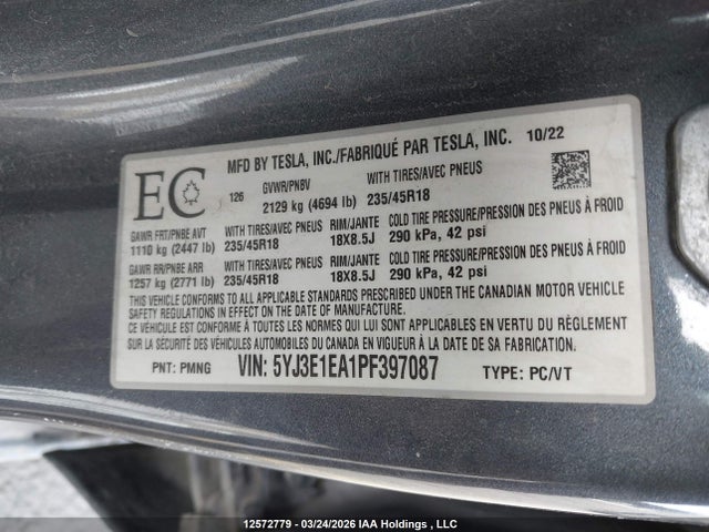 2023 Tesla Model 3 მანქანა იყიდება აუქციონზე, vin: 5YJ3E1EA1PF397087, აუქციონის ნომერი: 12572779